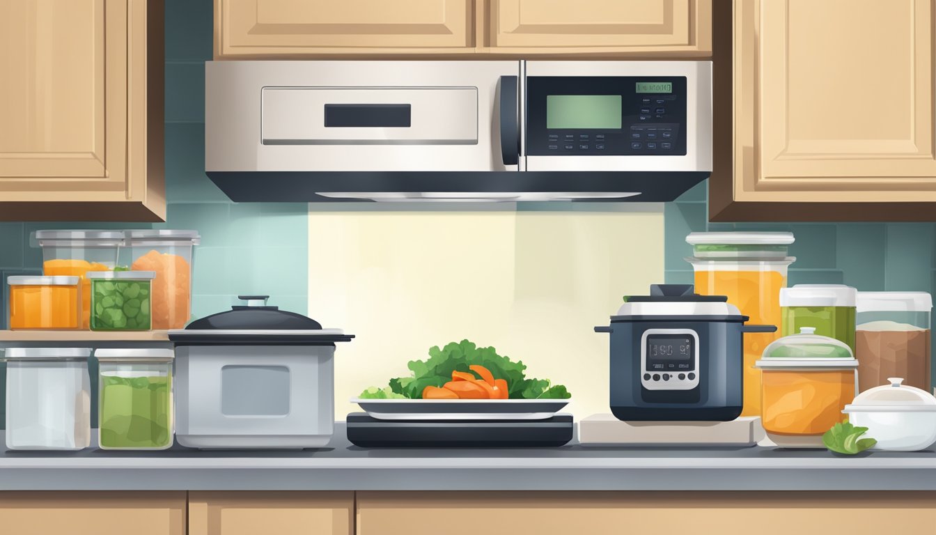 A kitchen counter with neatly organized containers of prepared meals, a microwave, and a timer set for reheating