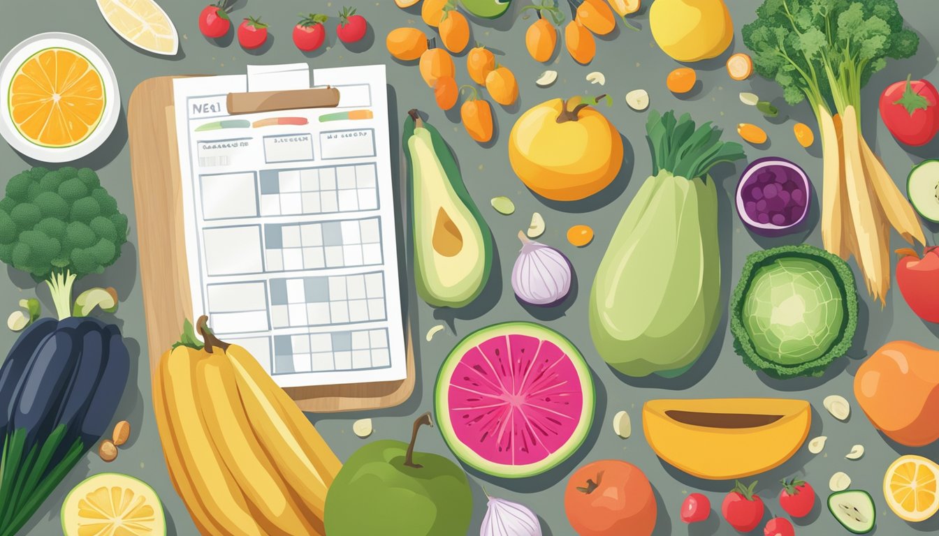 A colorful array of fresh fruits, vegetables, and whole grains arranged on a kitchen counter, with a meal plan and budgeting spreadsheet nearby