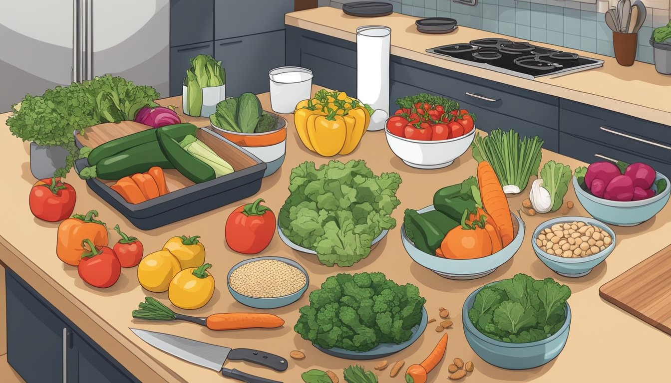 A kitchen counter with an assortment of colorful vegetables, lean proteins, and whole grains laid out for meal prepping. Cutting boards, knives, and storage containers are neatly arranged nearby