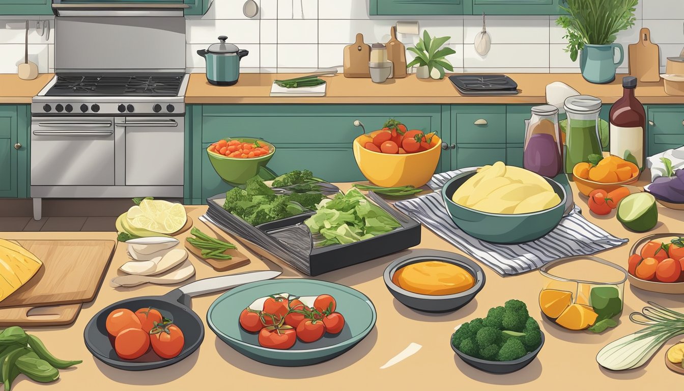 A kitchen counter with various fresh ingredients, cutting boards, and cooking utensils laid out for meal prepping