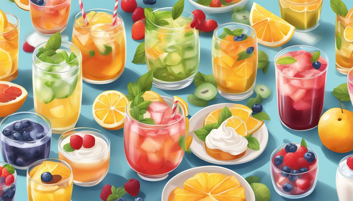 A table set with a variety of colorful and appetizing beverages and desserts, including fruit-infused water, sugar-free iced tea, and a selection of fresh fruit and yogurt parfaits