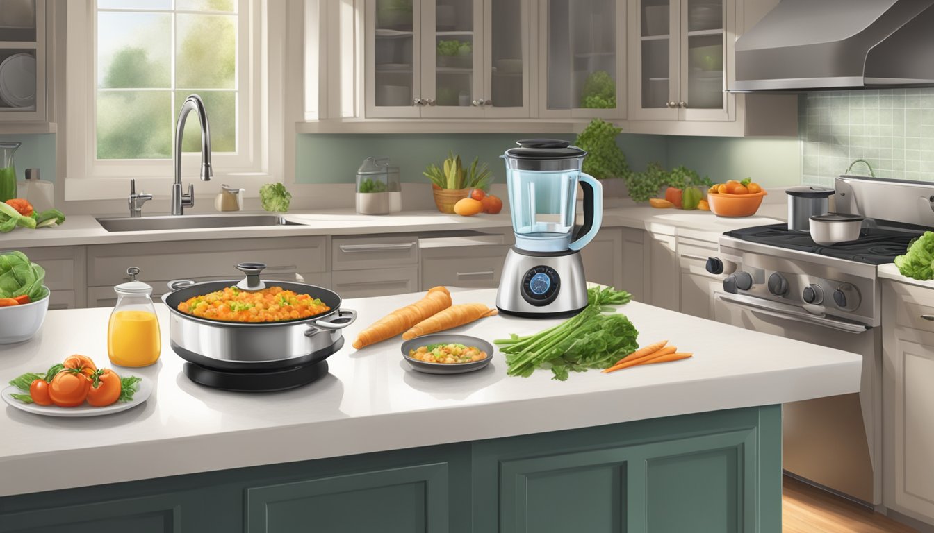 A kitchen counter with fresh ingredients, a timer set for 15 minutes, and a steaming, healthy meal ready to be served