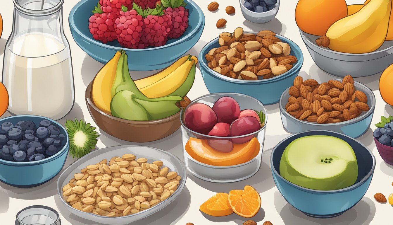 A kitchen counter with a variety of colorful fruits, nuts, and yogurt parfait ingredients laid out for quick diabetic snack and dessert preparation