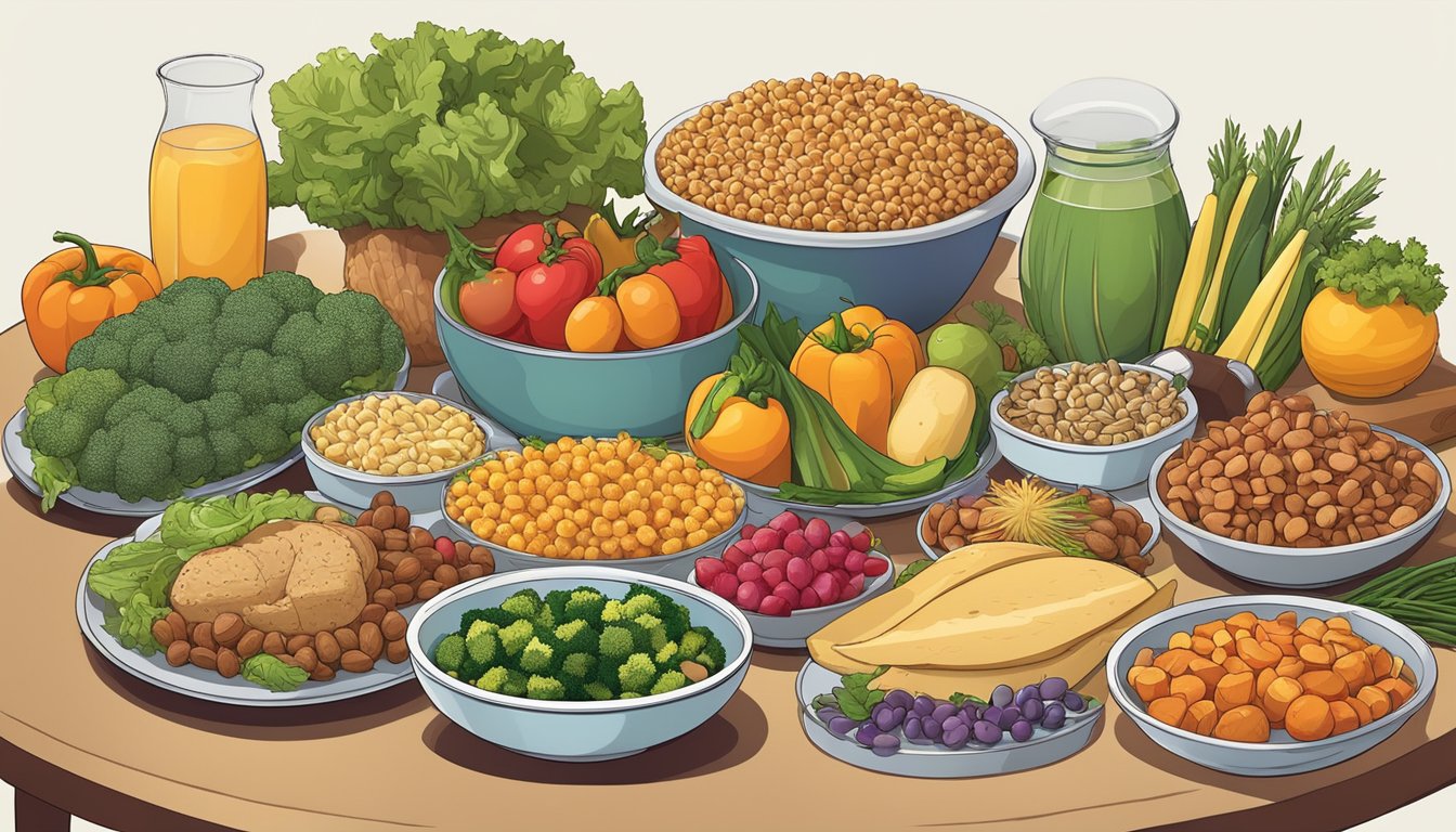 A festive table with a variety of colorful, nutrient-dense foods, including lean proteins, whole grains, and plenty of vegetables, arranged in an inviting and visually appealing manner