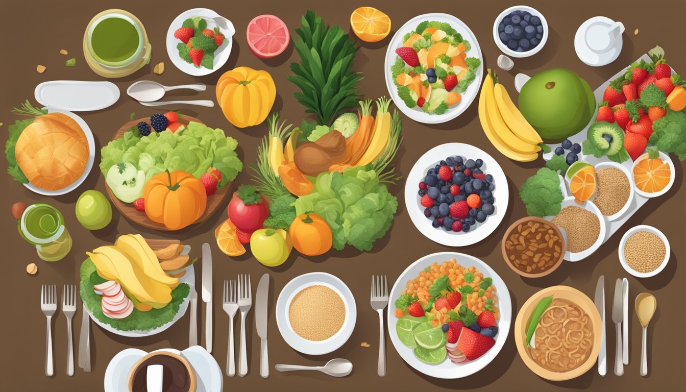 A festive table setting with a variety of diabetic-friendly dishes, including colorful fruits, vegetables, lean proteins, and whole grains