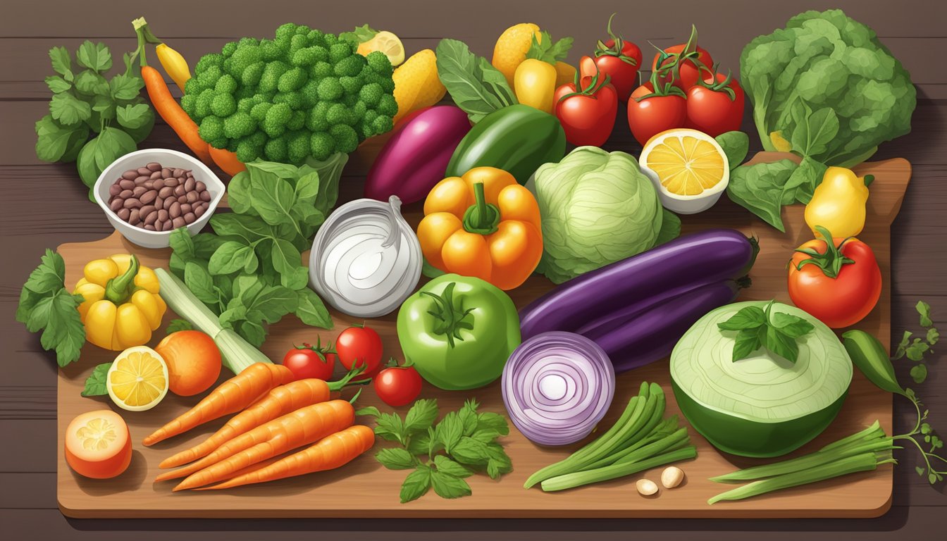 A colorful array of fresh vegetables and fruits arranged on a cutting board, with a measuring cup of beans and a variety of herbs and spices nearby