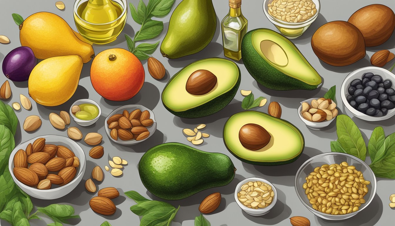 A colorful array of avocados, nuts, seeds, and olive oil on a kitchen counter, surrounded by fresh vegetables and fruits