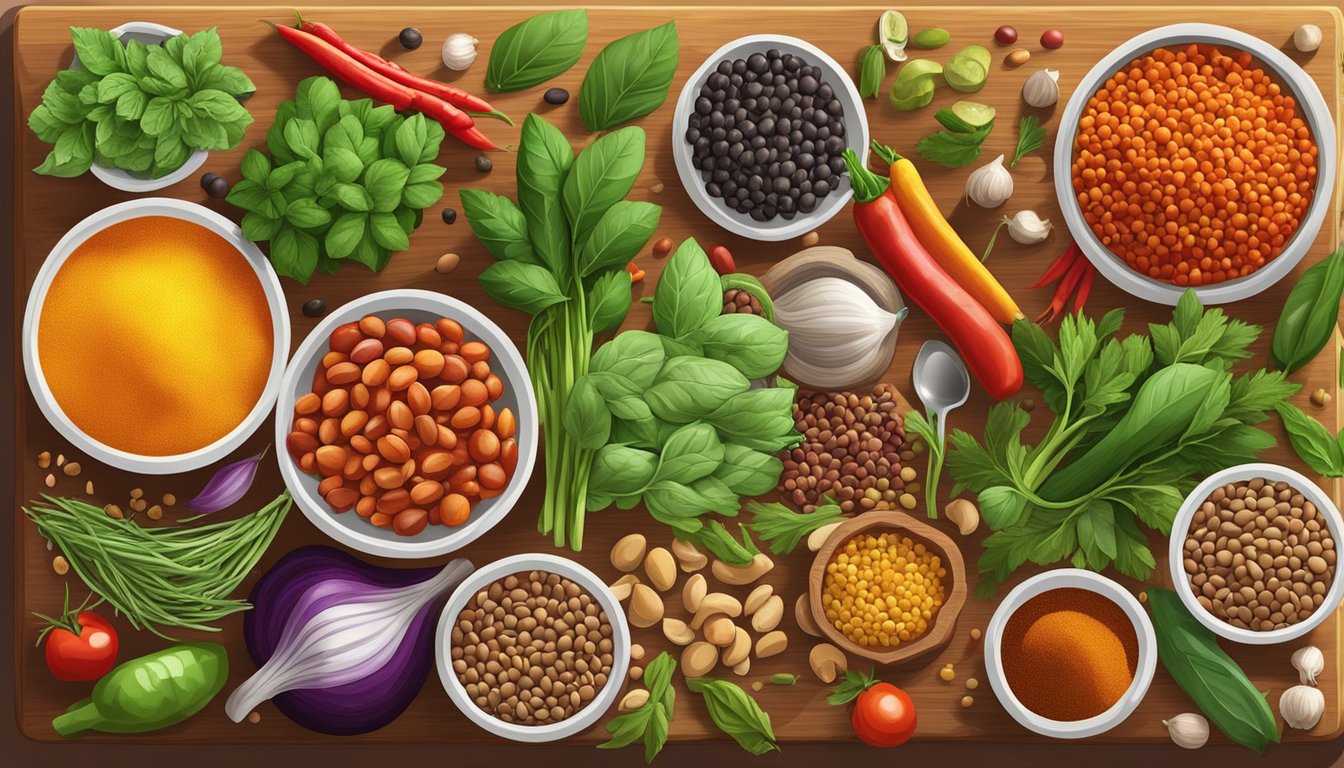 A variety of colorful spices and herbs arranged around a vibrant assortment of fresh vegetables and legumes, all neatly organized on a cutting board