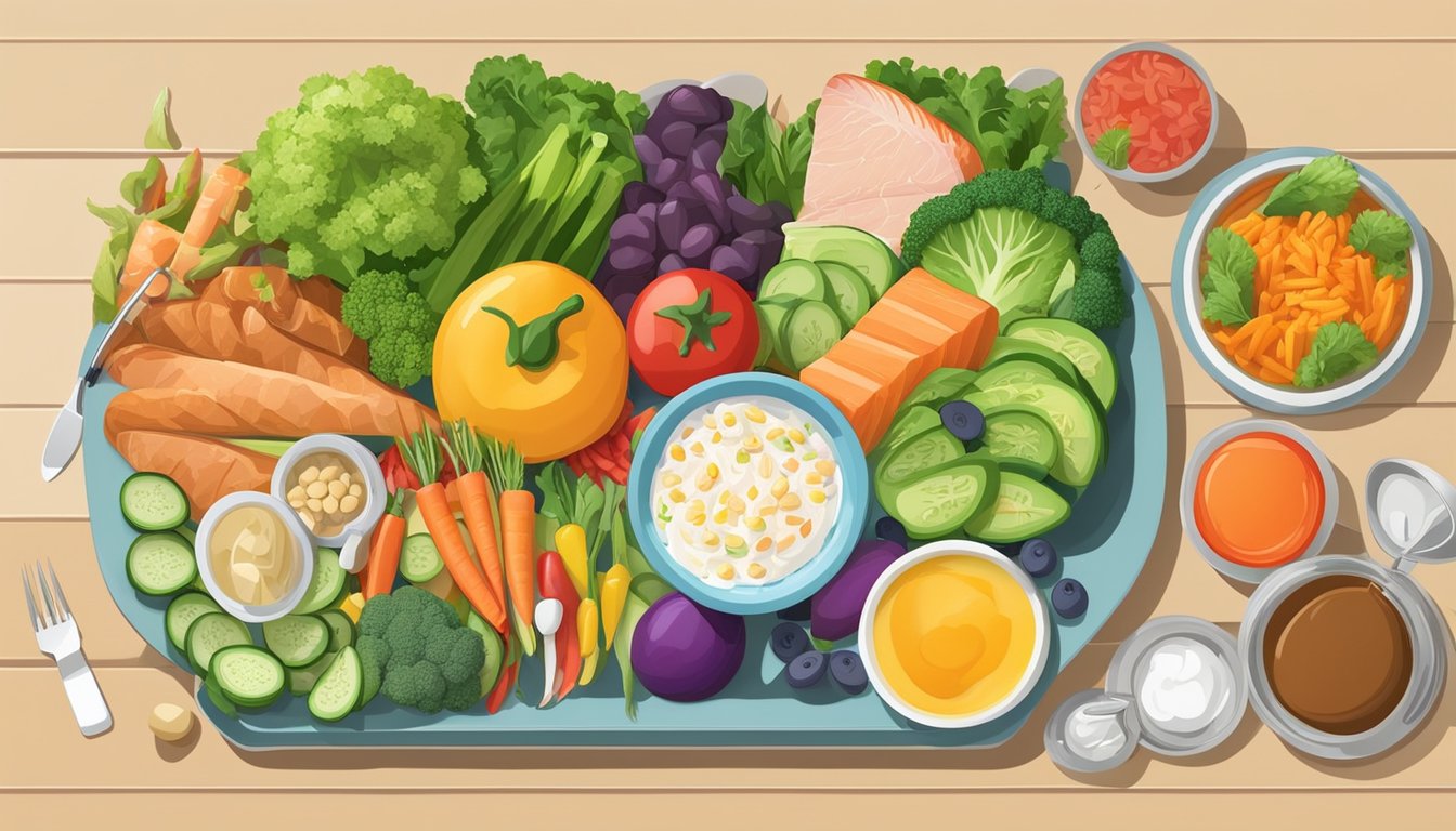 A colorful plate filled with a variety of low-carb foods such as vegetables, lean proteins, and healthy fats, with a blood glucose monitor and insulin pen nearby