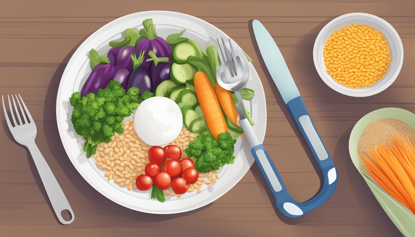 A plate with colorful vegetables, lean protein, and healthy fats, alongside a measuring cup of whole grains and a blood glucose monitor