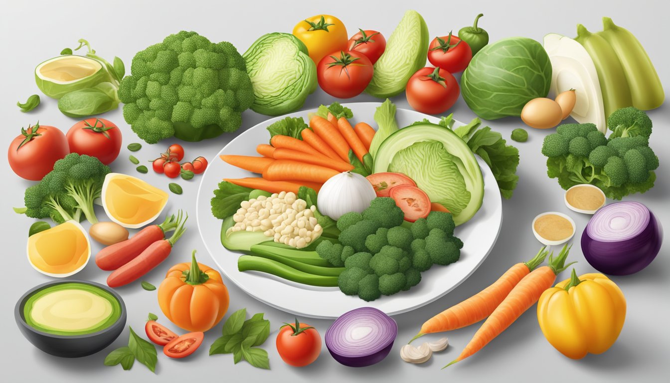 A colorful array of fresh vegetables, lean proteins, and healthy fats arranged on a clean, white plate