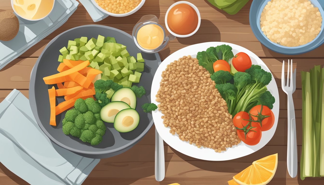 A table set with a balanced meal, including lean protein, whole grains, and vegetables, with a sunrise in the background