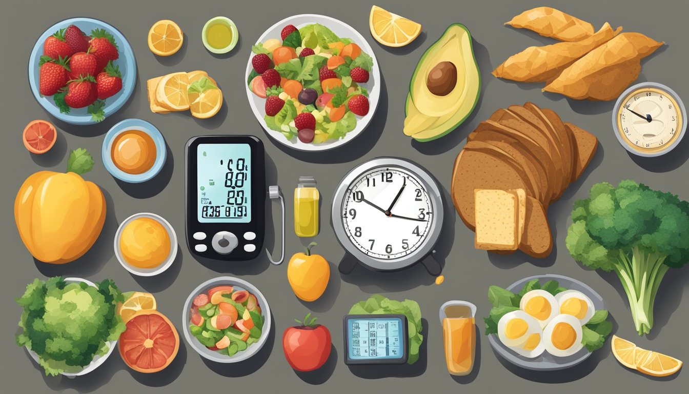 A table with a variety of healthy food options, a clock showing nighttime, and a blood glucose monitor displaying stable levels