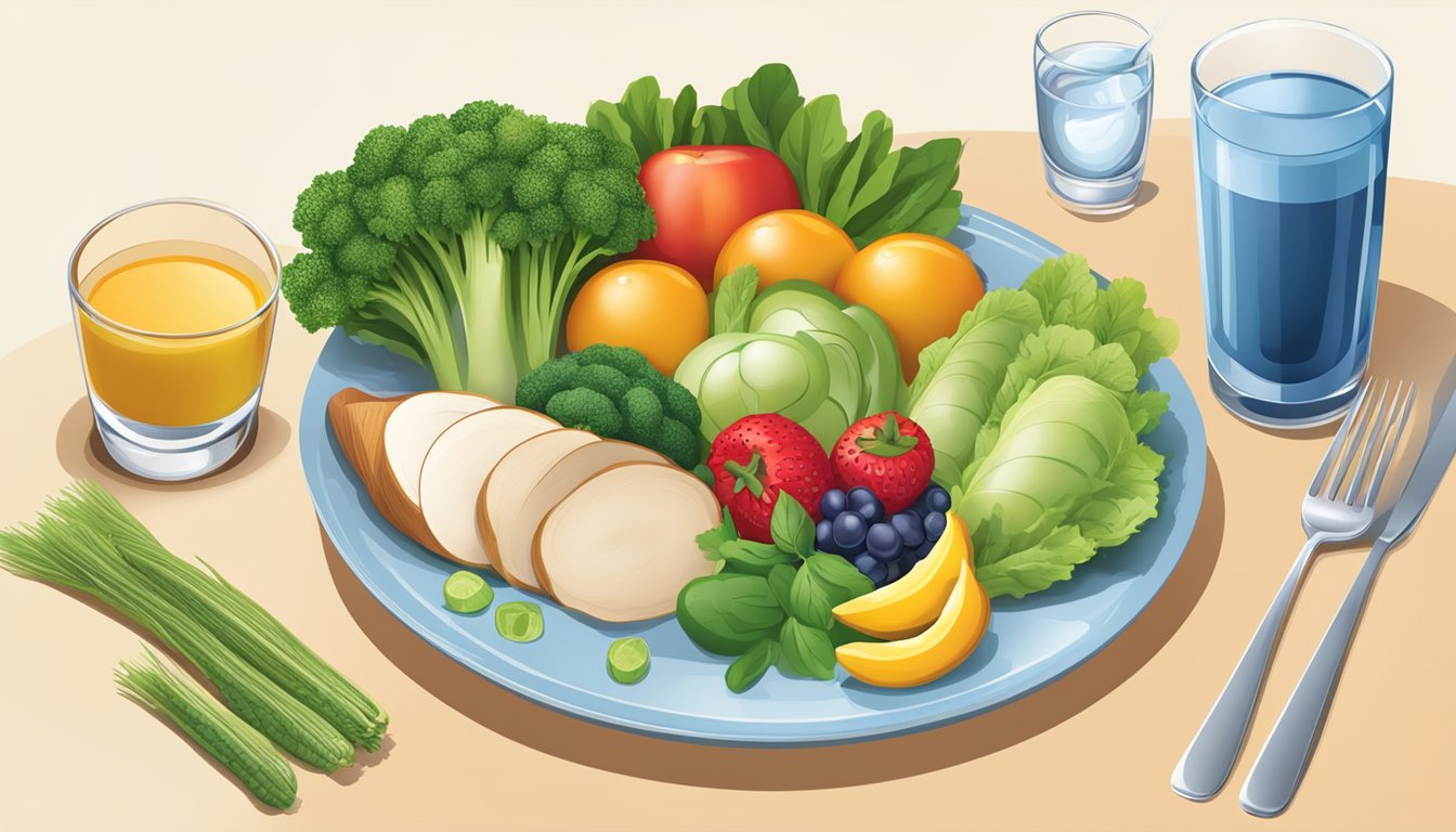 A dinner plate divided into sections for vegetables, protein, and grains, with a side of fruit and a glass of water