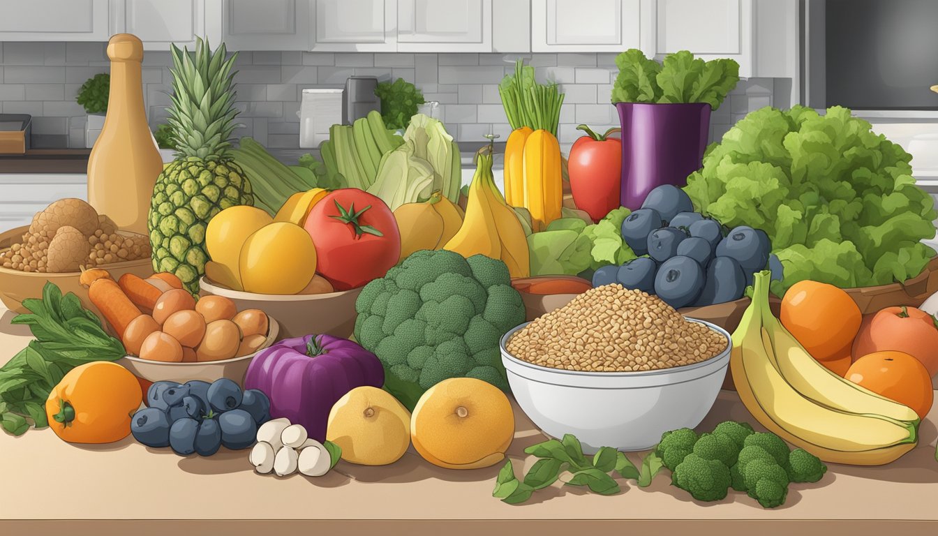 A kitchen counter with a variety of fresh fruits, vegetables, whole grains, and lean proteins laid out for meal planning