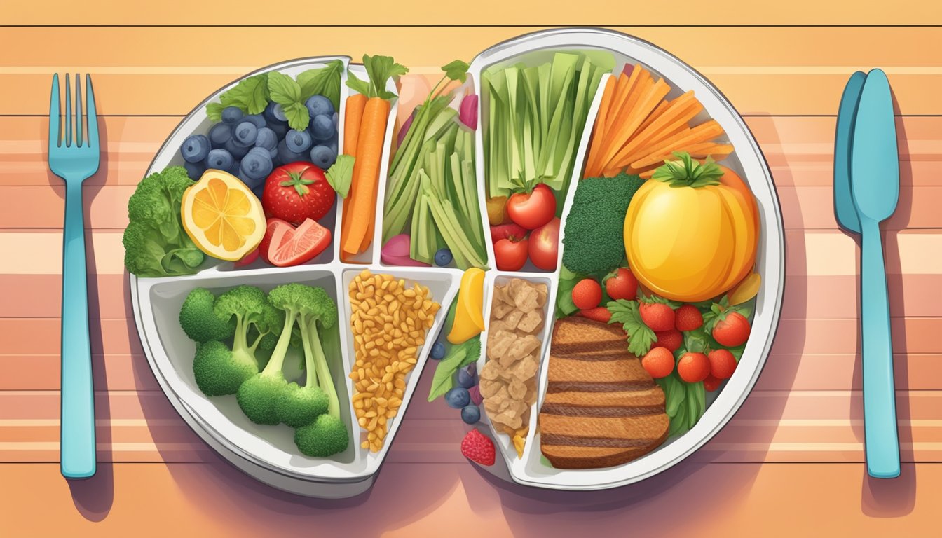 A colorful plate divided into sections with healthy food choices on one side and unhealthy food choices on the other