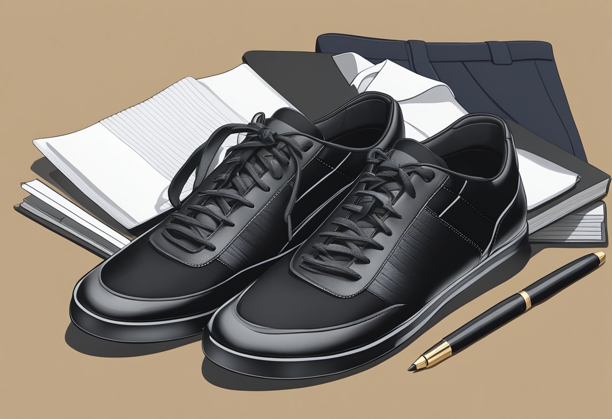 A pair of sleek, black sneakers placed next to a neatly arranged pile of business attire on a modern, minimalist office desk