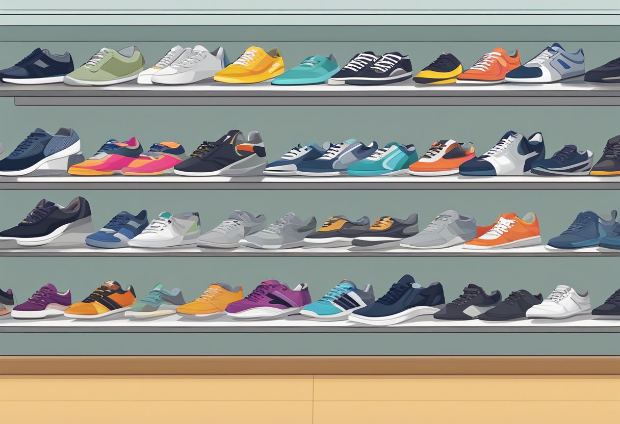 A row of stylish sneakers lined up on a modern, minimalist display shelf, surrounded by sleek, professional office attire