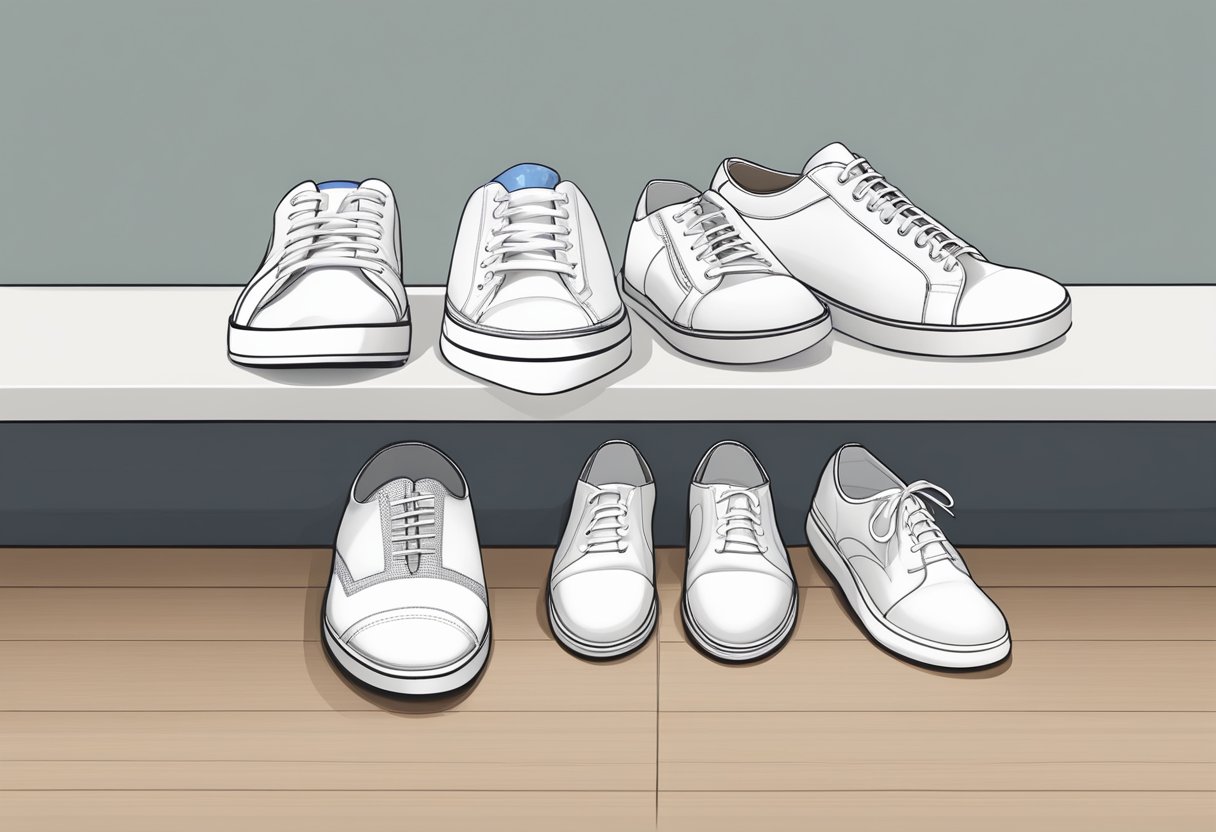 A pair of sleek, white sneakers placed next to a neatly arranged set of business casual attire, including a blazer, dress shirt, and tailored trousers