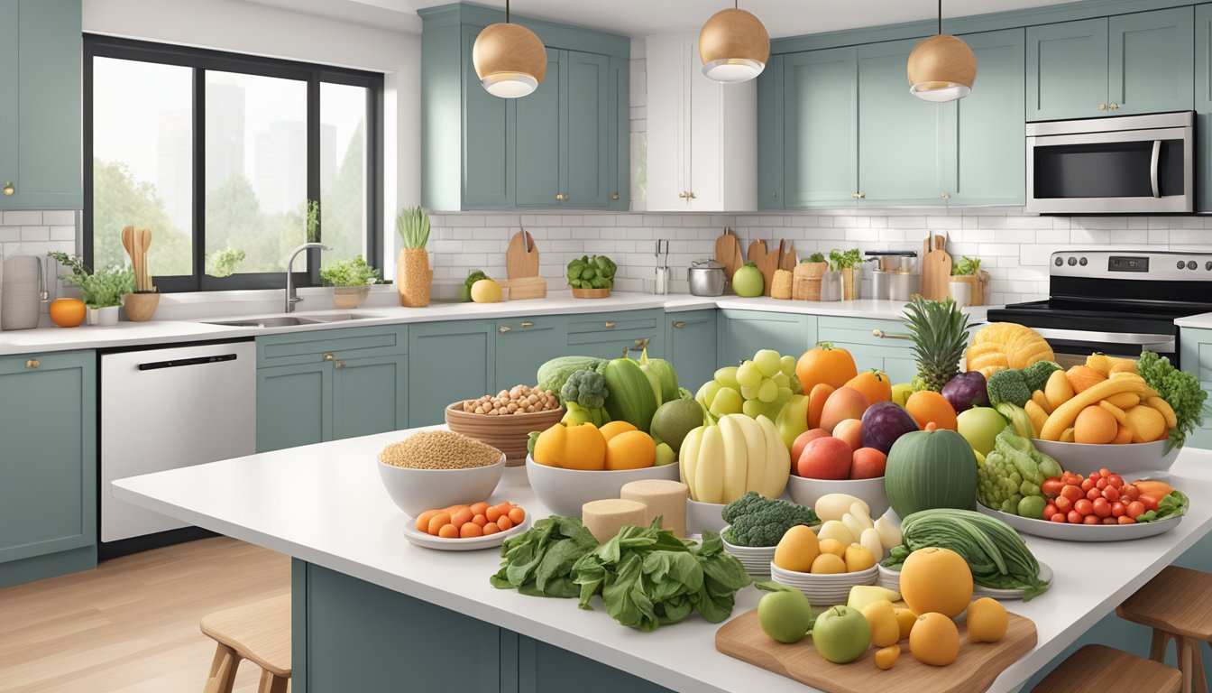 A colorful array of pregnancy-safe foods like fruits, vegetables, lean proteins, and whole grains displayed on a clean, modern kitchen counter