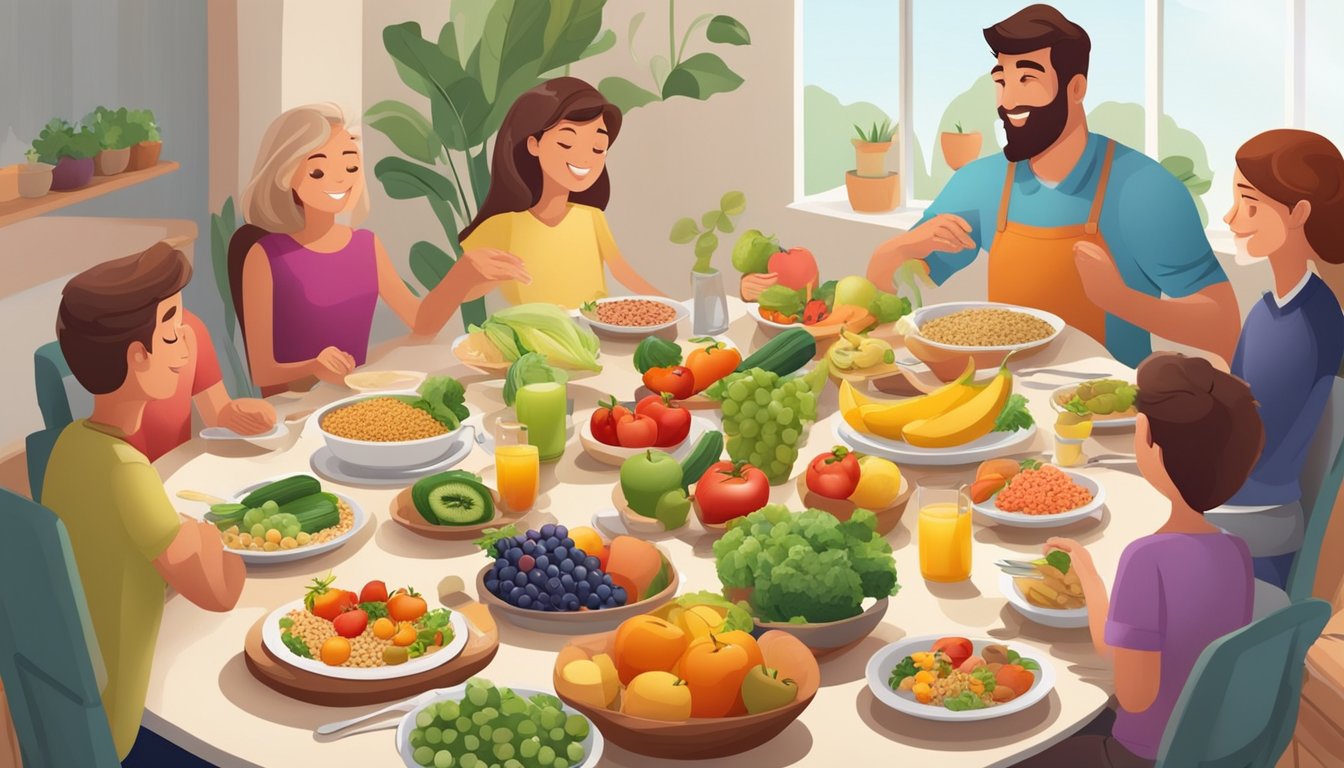 A colorful dining table with a variety of fresh fruits, vegetables, whole grains, and lean proteins. A family is gathered around, enjoying a wholesome meal together