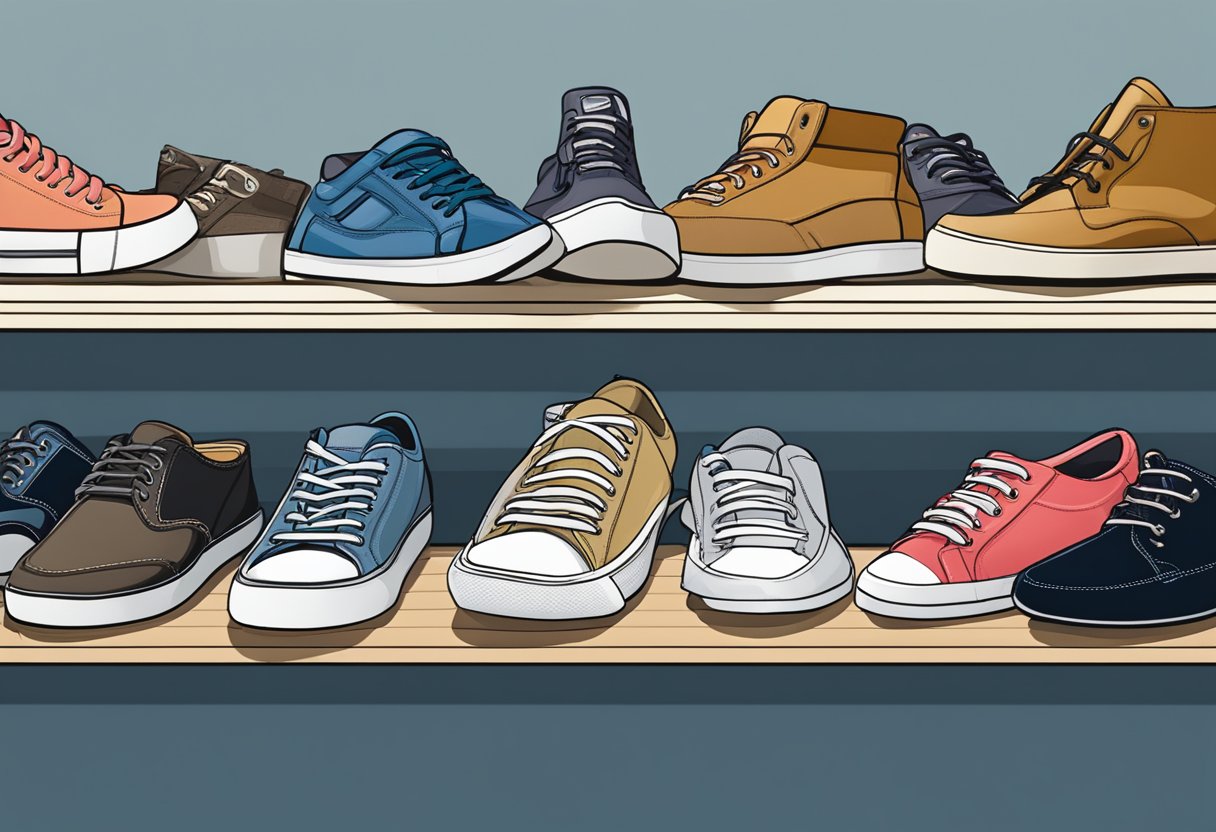 A pair of sneakers sits next to a neatly arranged row of business shoes, highlighting the contrast between casual and professional footwear