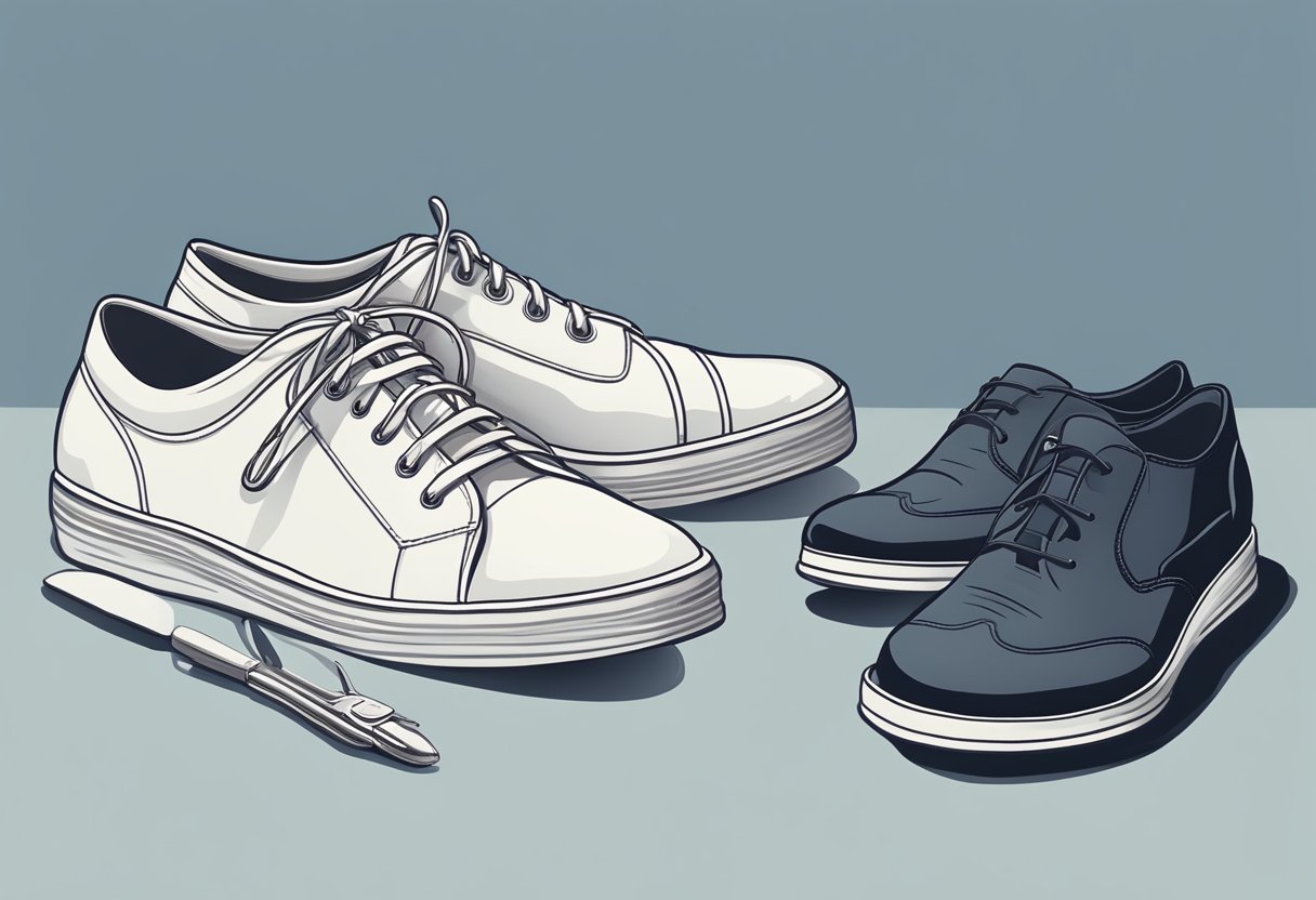 A pair of clean, stylish sneakers placed next to a neatly pressed pair of dress pants and a button-up shirt on a modern, minimalist background