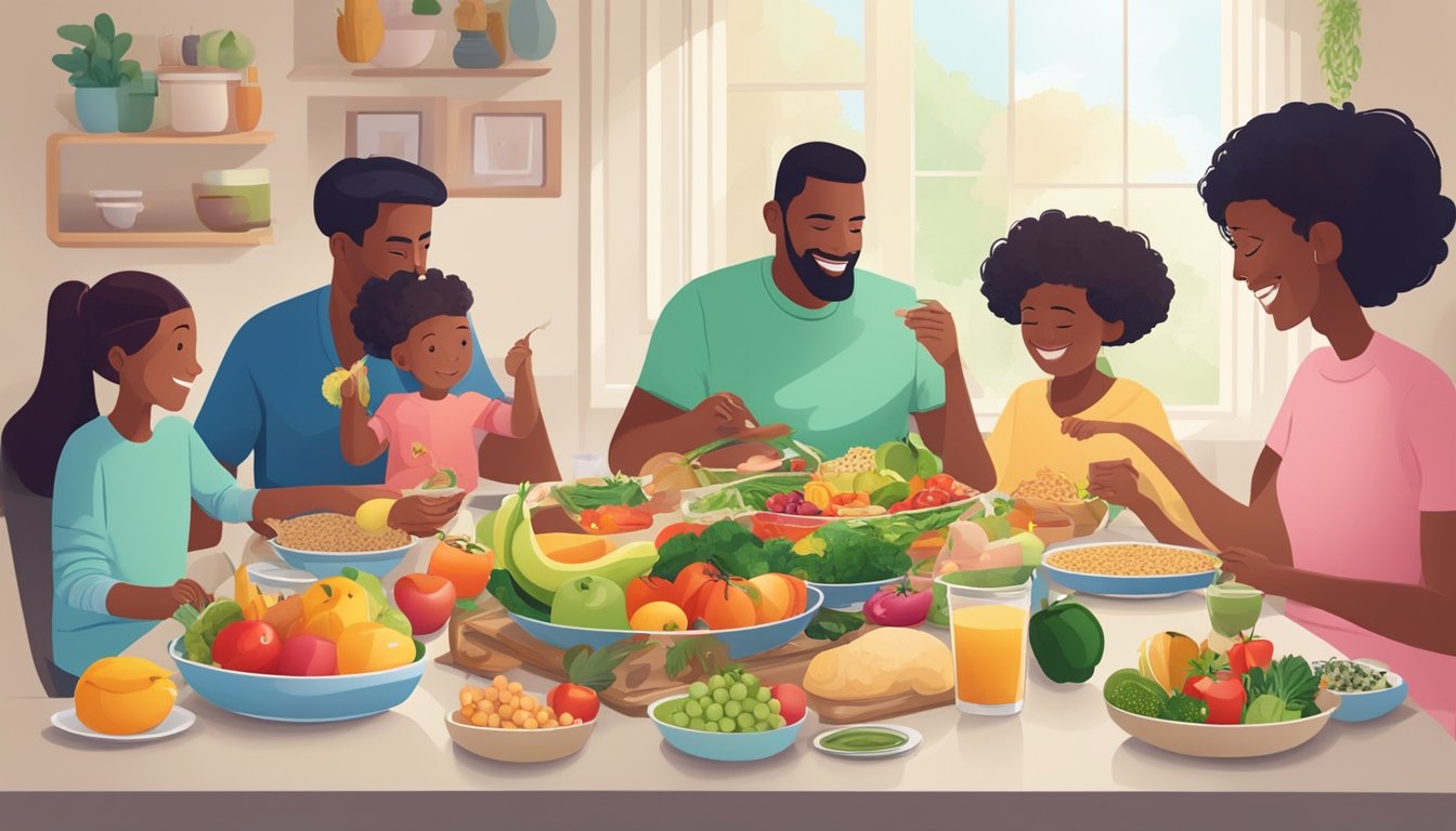 A family sitting around a table, enjoying a colorful and nutritious meal together. The table is filled with a variety of fresh fruits, vegetables, lean proteins, and whole grains