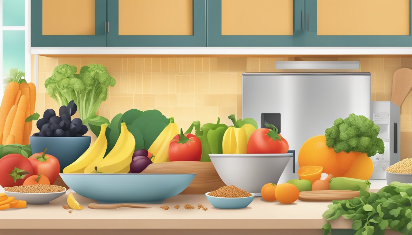 A colorful kitchen counter with a variety of fresh fruits, vegetables, and whole grains. A family-friendly meal is being prepared, showcasing a balance of nutritious ingredients