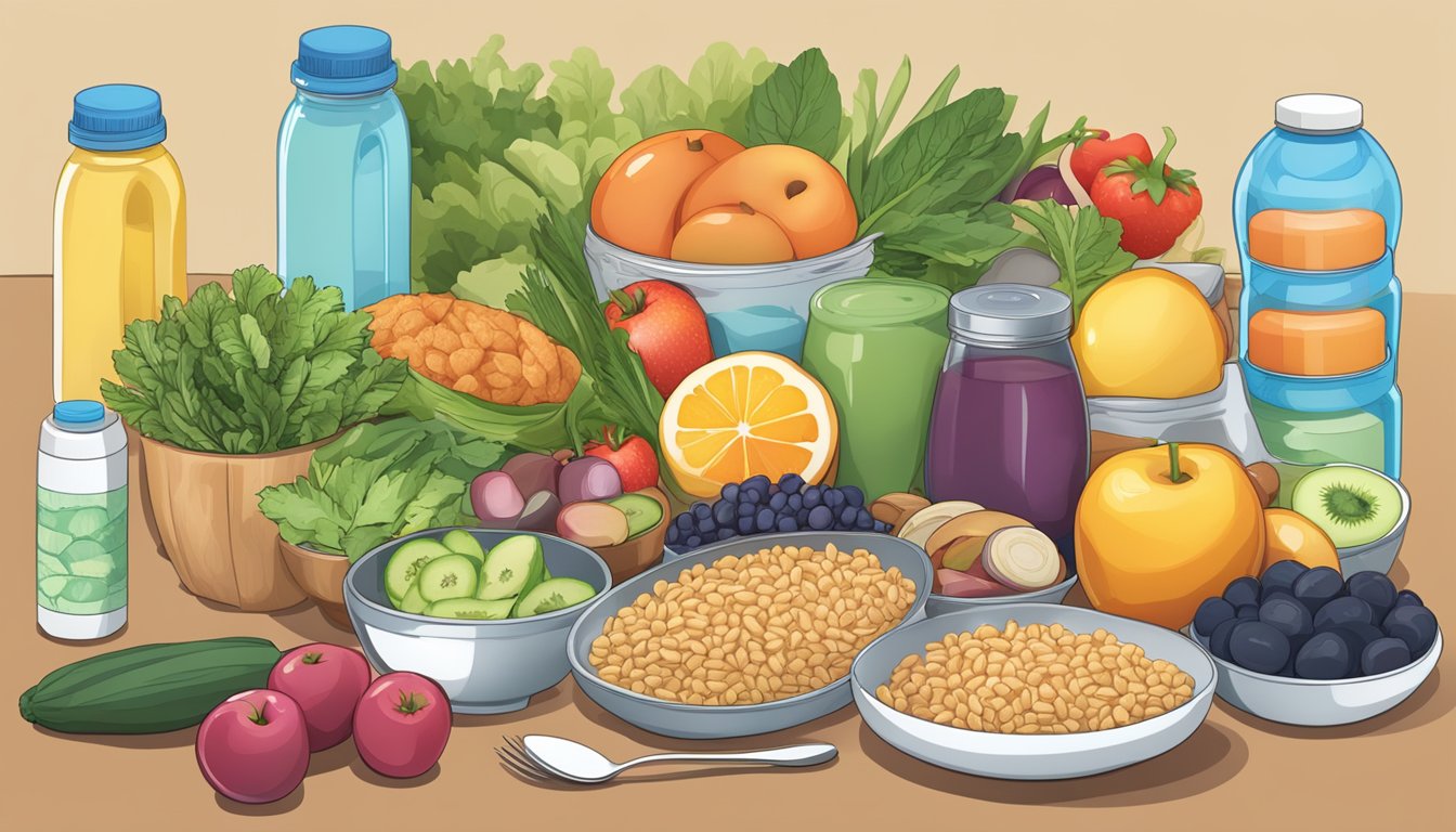 A table set with a balanced meal, including fruits, vegetables, lean proteins, and whole grains. A water bottle and supplements are also included