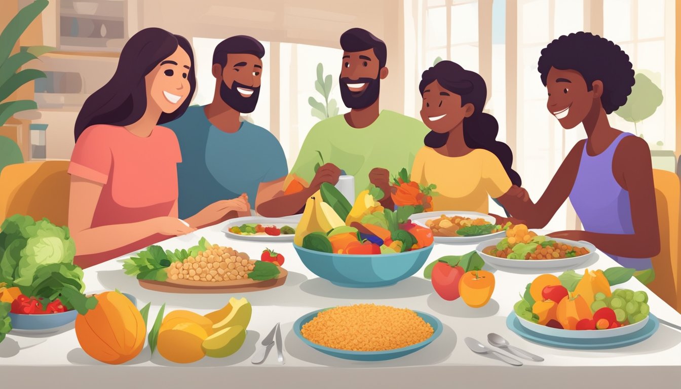 A colorful dinner table with a variety of fresh fruits, vegetables, lean proteins, and whole grains, surrounded by a happy family enjoying a meal together