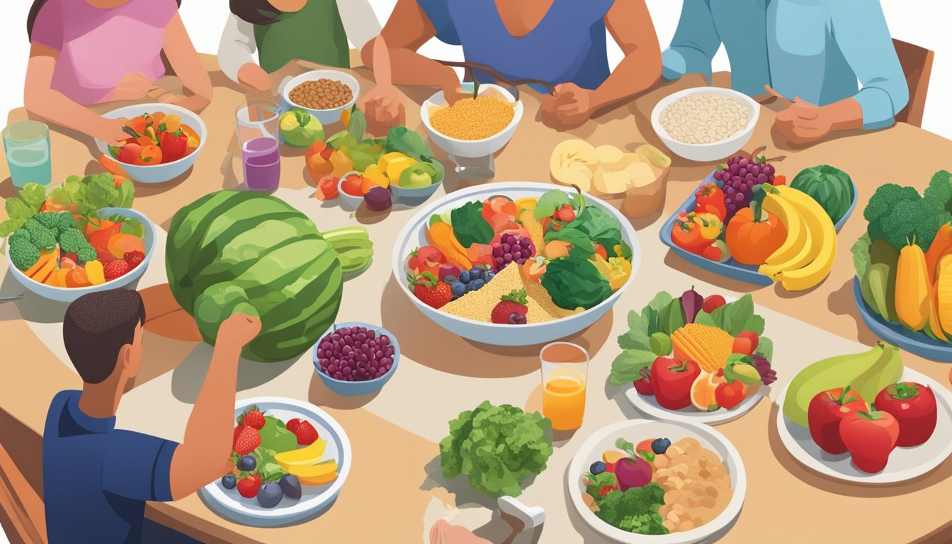 A family sitting around a table filled with colorful, nutrient-rich foods. A mix of fruits, vegetables, lean proteins, and whole grains are featured in the meal