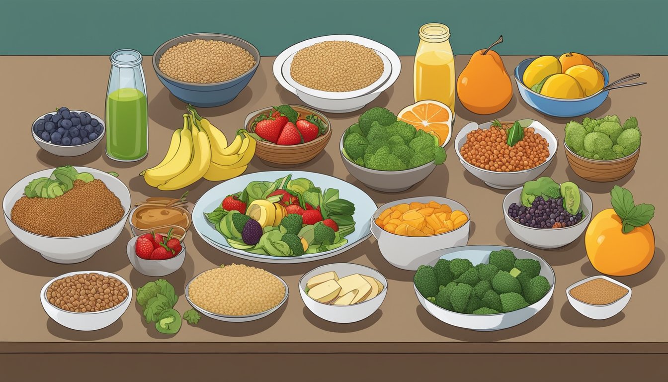 A spread of healthy, balanced meals laid out on a table, including a variety of colorful fruits, vegetables, lean proteins, and whole grains