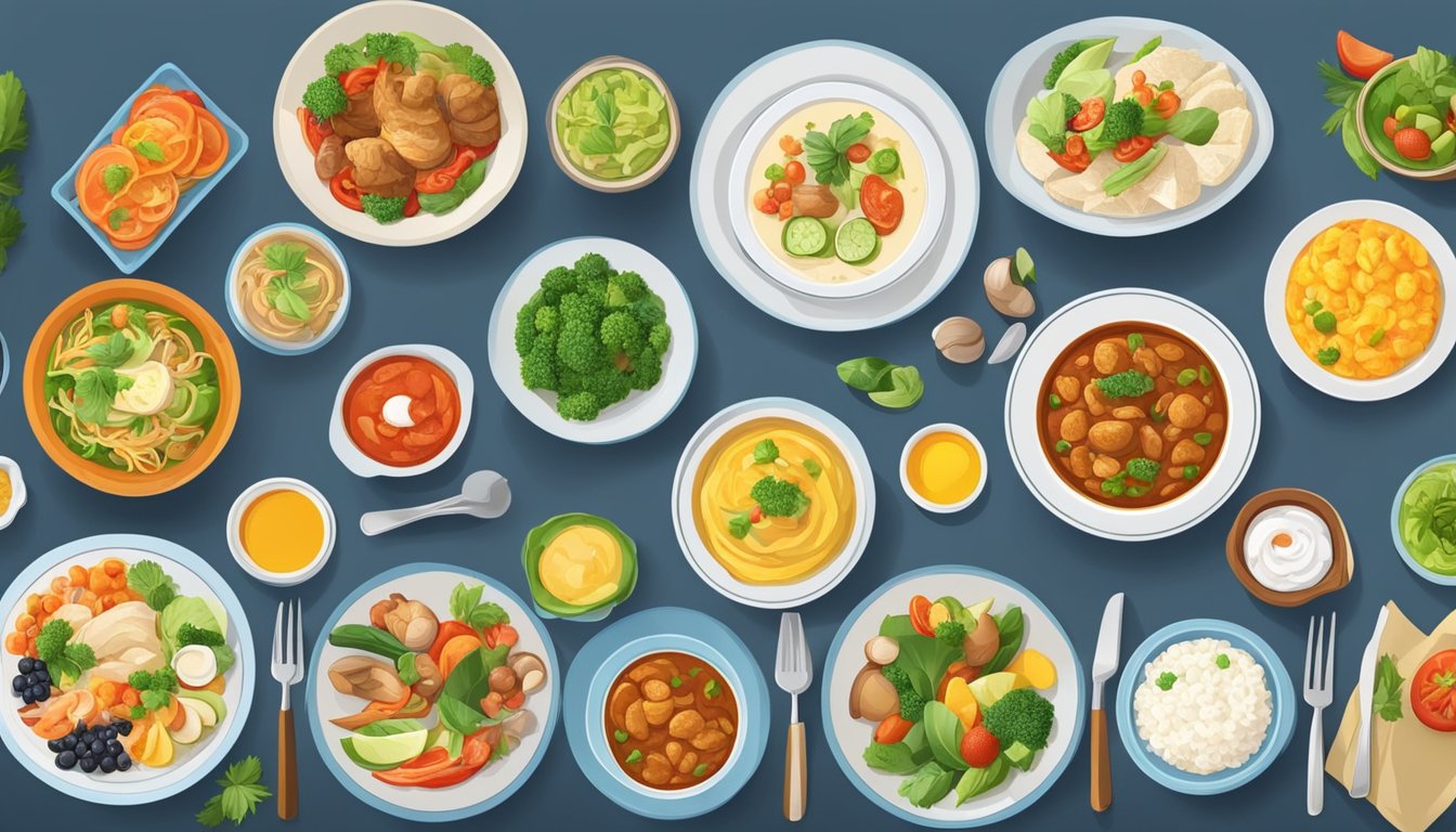 A table set with a variety of colorful and nutritious dishes representing different cultural cuisines, all adapted to meet the nutritional needs of diabetics