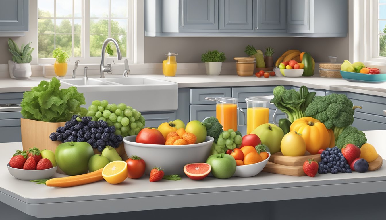 A kitchen counter with a variety of fresh fruits, vegetables, whole grains, lean proteins, and measuring cups and spoons for portion control