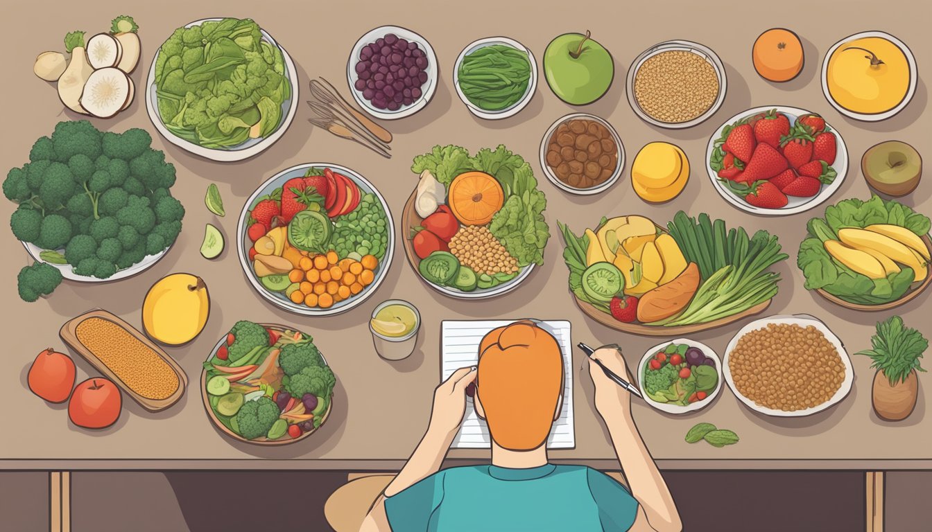 A table with a variety of healthy food options, including fruits, vegetables, lean proteins, and whole grains. A person is seen writing notes on a meal plan chart