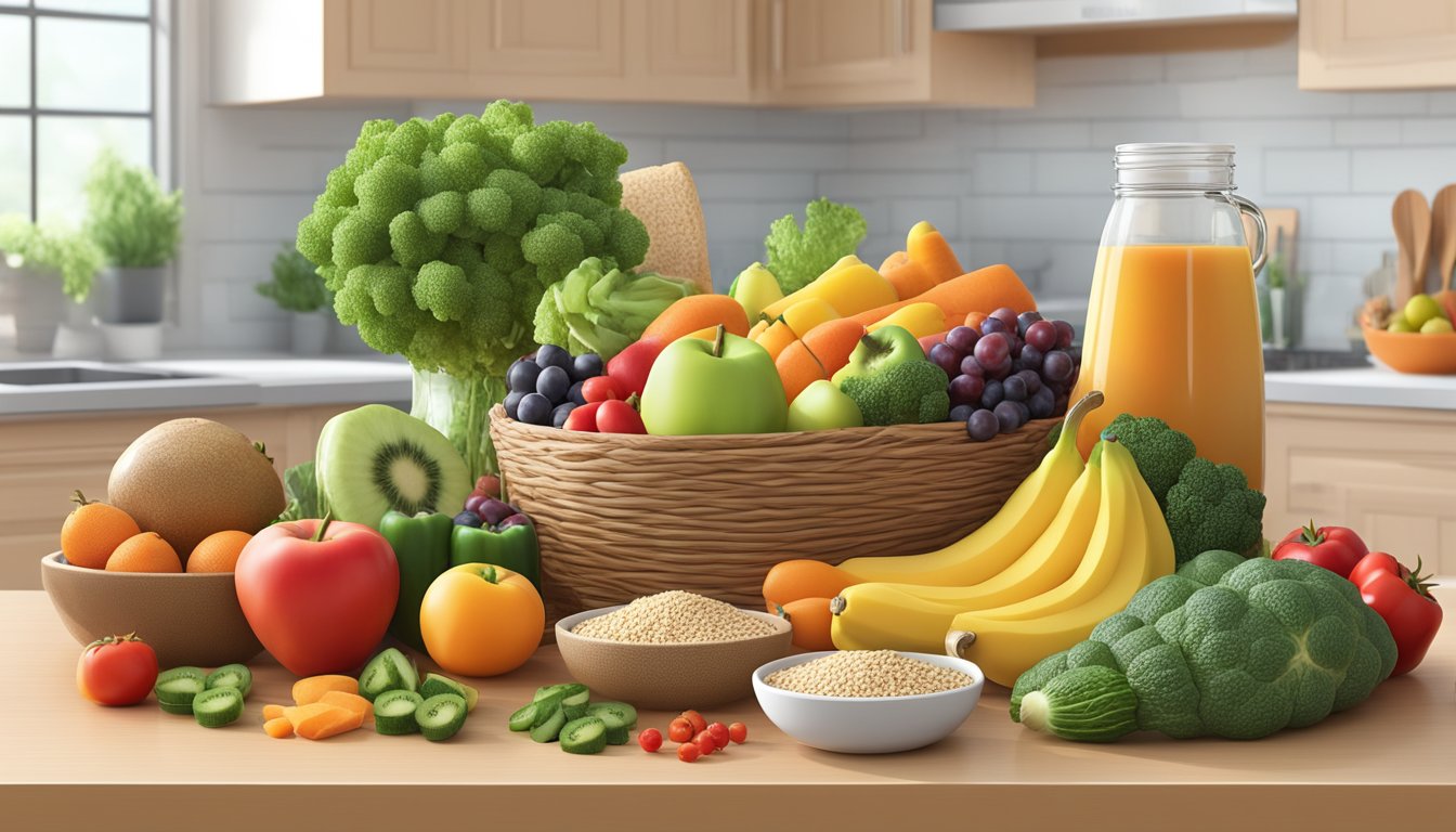 A colorful array of fresh fruits, vegetables, and whole grains arranged on a kitchen counter, with a measuring cup and a diabetic meal plan booklet nearby