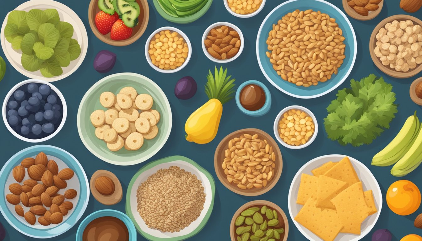 A table with a variety of healthy snack options such as nuts, fruits, vegetables, and whole grain crackers, arranged neatly on colorful plates and bowls