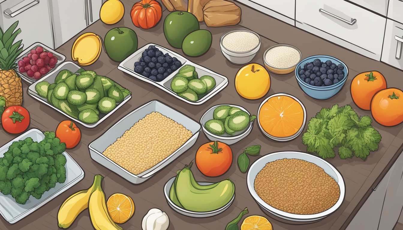 A kitchen counter with a variety of fresh fruits, vegetables, whole grains, and lean proteins laid out for meal planning