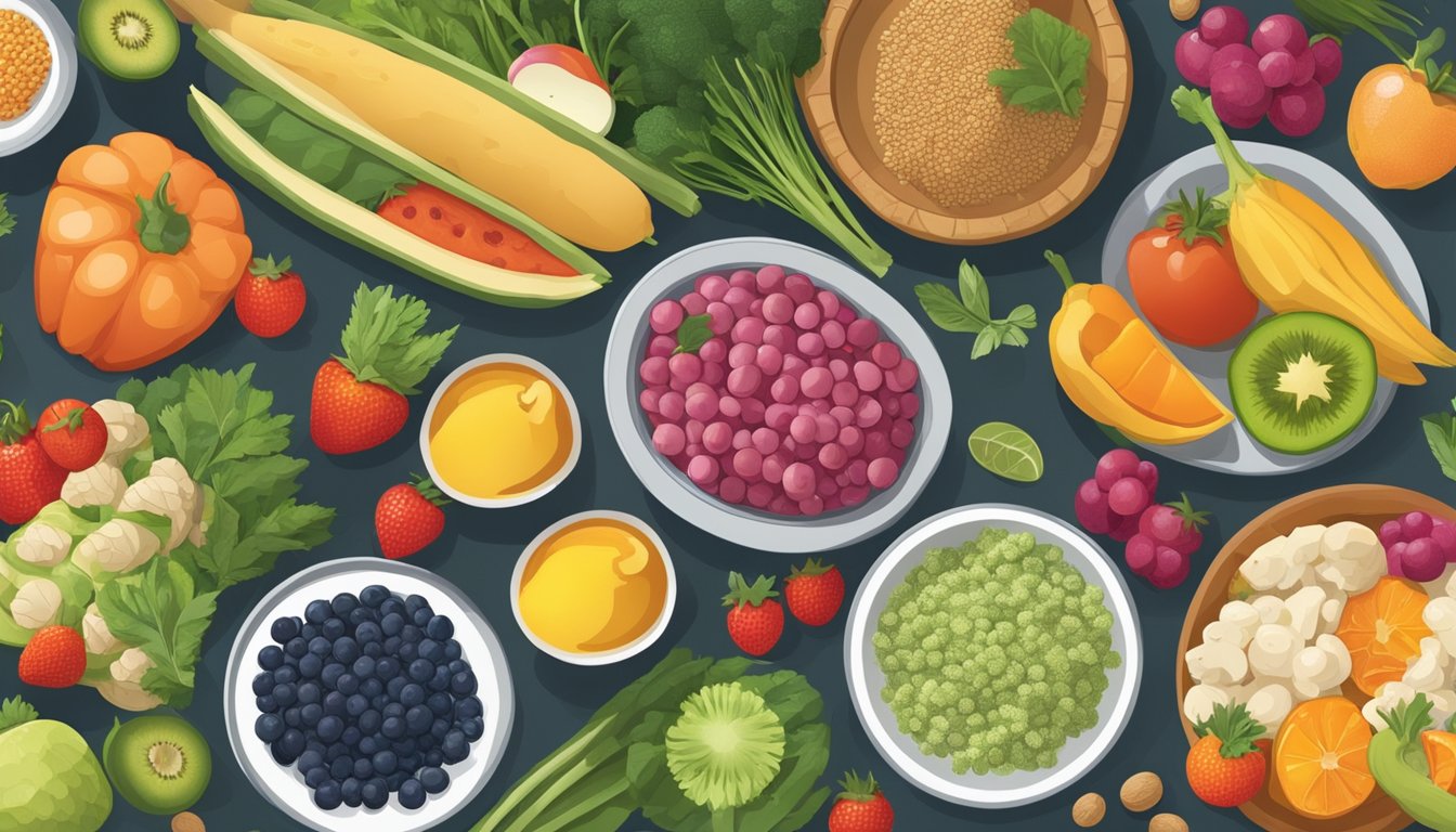 A table set with a variety of colorful and nutritious foods, including fruits, vegetables, grains, and probiotic-rich dishes, all arranged in a culturally diverse manner