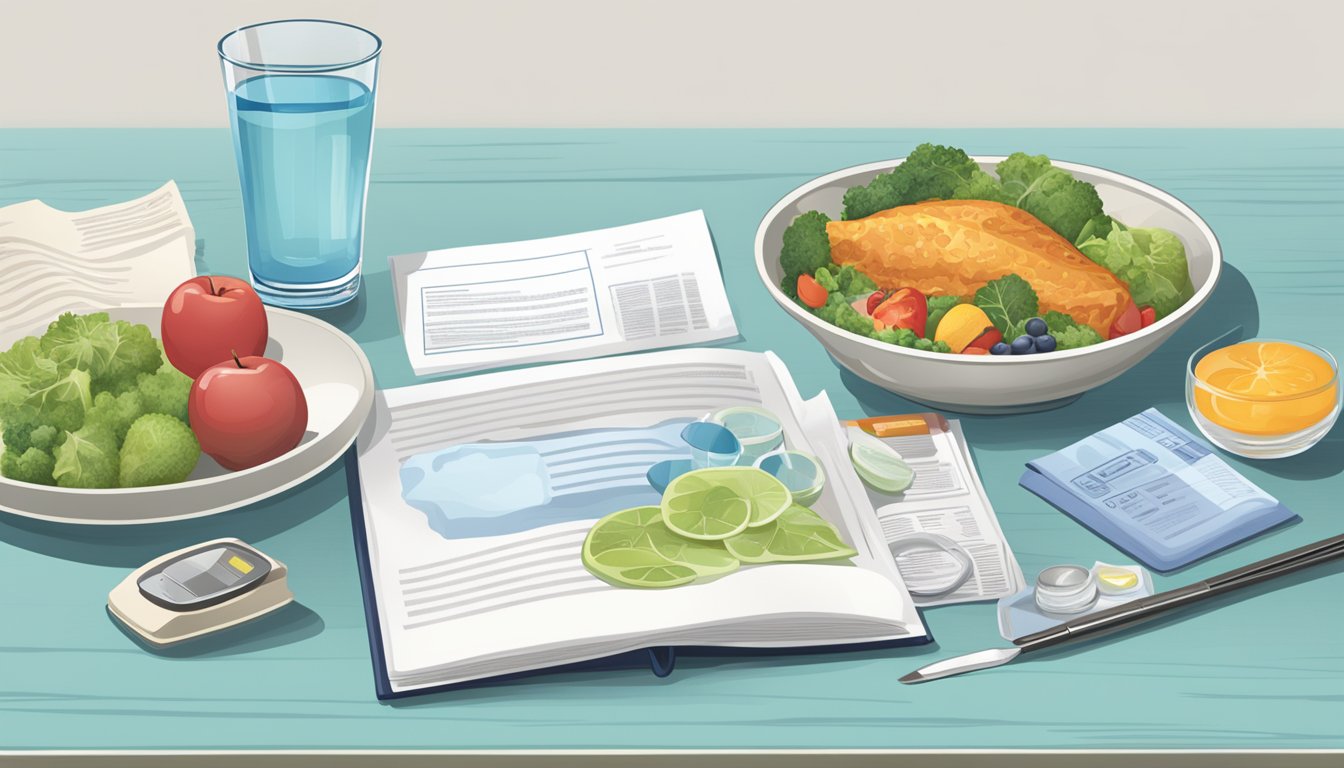 A table set with a balanced meal, a glass of water, and a diabetes education pamphlet