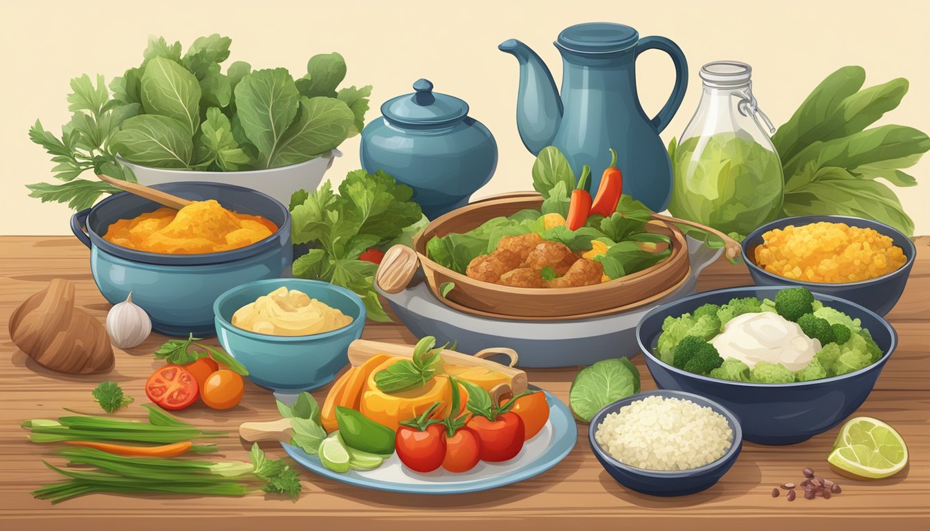 A colorful spread of fresh ingredients and traditional cooking utensils, with a mix of cultural dishes and healthy recipe alternatives displayed on a table