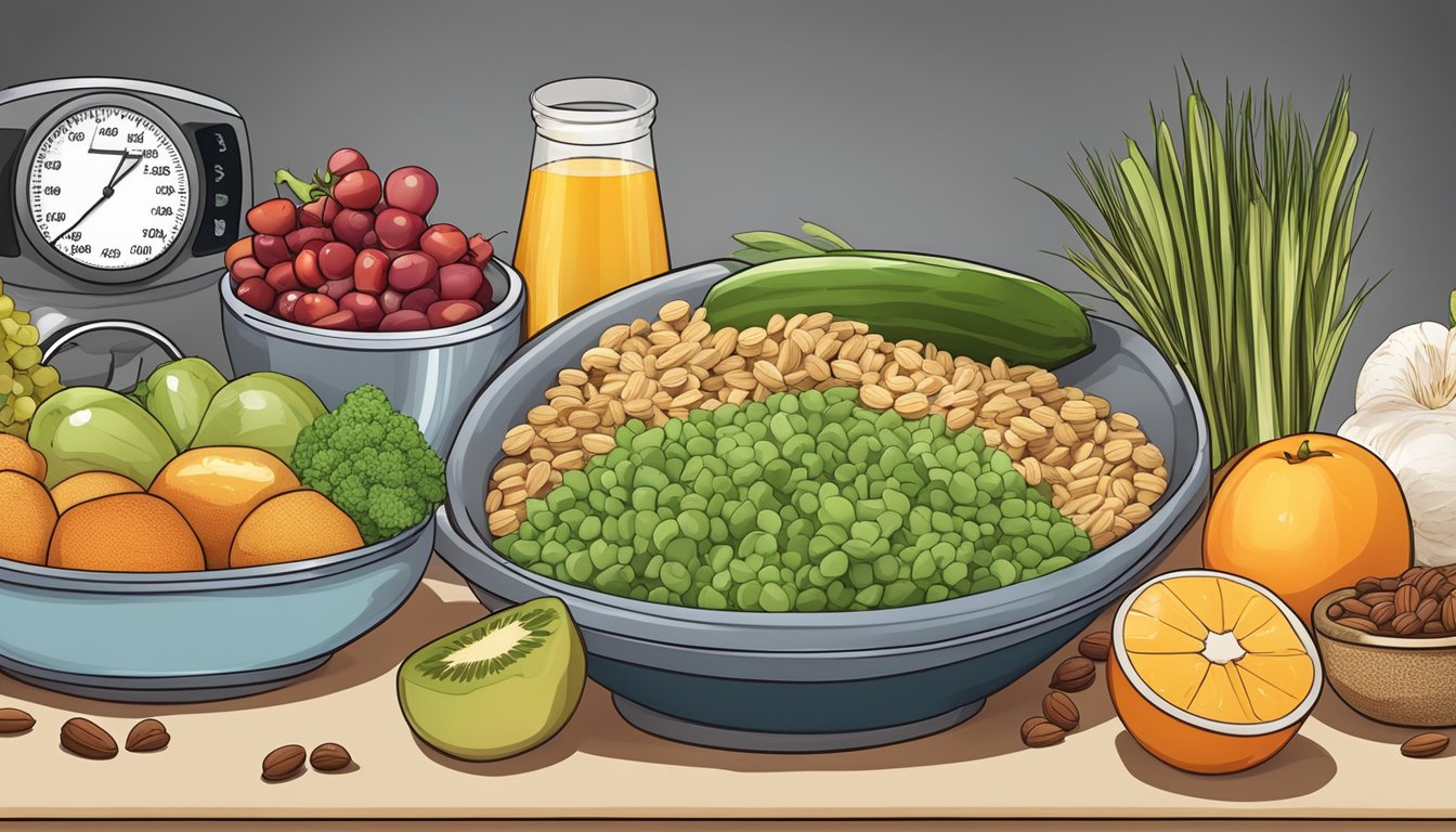 A table set with a variety of healthy foods like fruits, vegetables, whole grains, lean proteins, and unsalted nuts, with a blood pressure monitor and diabetes medication nearby