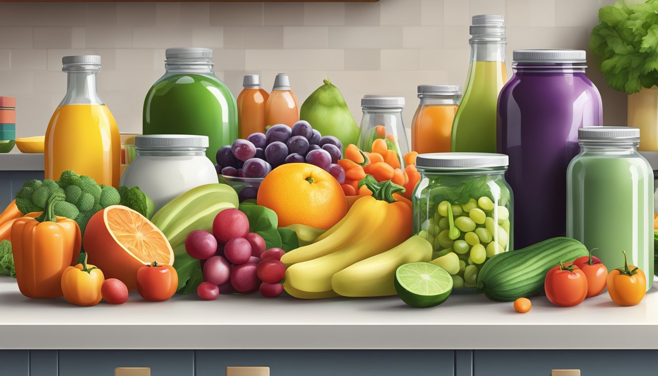 A colorful array of fresh fruits and vegetables, alongside bottles of vitamins and minerals, arranged on a kitchen counter