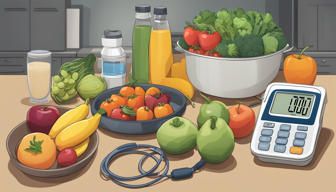 A kitchen counter with a variety of fresh fruits, vegetables, whole grains, and lean proteins laid out for meal planning. A blood pressure monitor and glucose meter are nearby