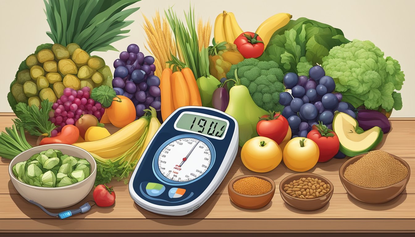 A table set with a colorful array of fresh fruits, vegetables, lean proteins, and whole grains, with a measuring cup and blood pressure monitor nearby