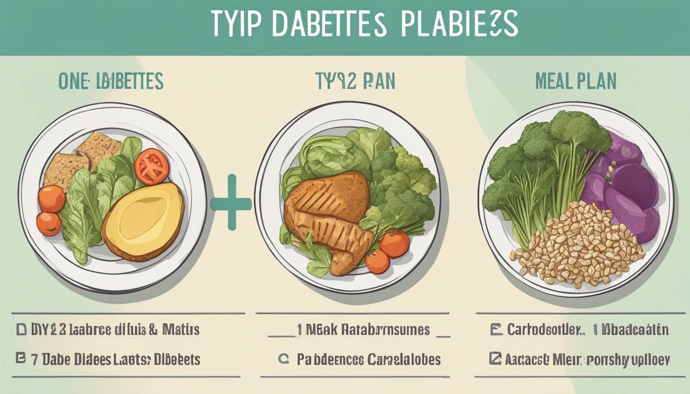 A table with two meal plans side by side, one labeled "Type 1 Diabetes" and the other "Type 2 Diabetes." Each plan includes a balance of healthy carbohydrates, proteins, and vegetables