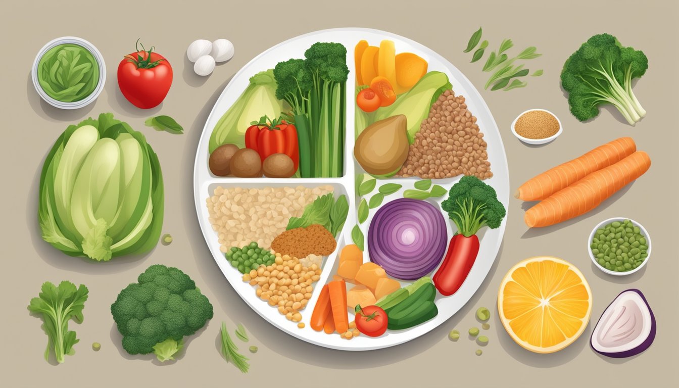 A plate divided into sections with appropriate portions of healthy foods for diabetics and high blood pressure, such as vegetables, lean protein, and whole grains