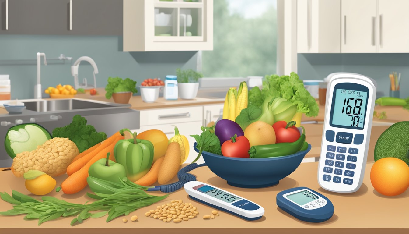 A kitchen counter with fresh fruits, vegetables, whole grains, and lean proteins. A blood pressure monitor and glucose meter sit nearby