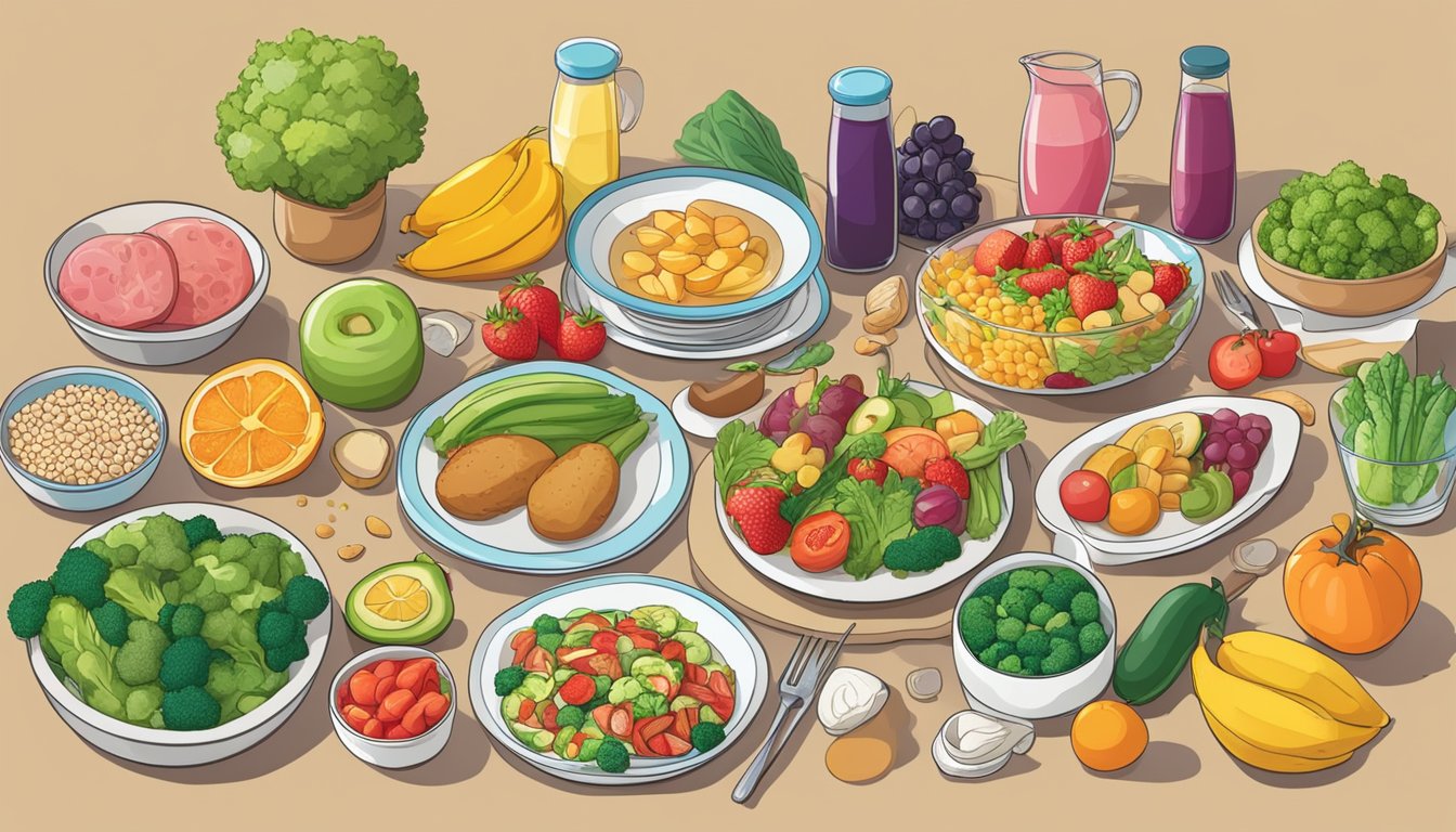 A table with colorful, balanced meals for Type 2 diabetes: lean proteins, whole grains, fruits, and vegetables. No sugary or processed foods in sight